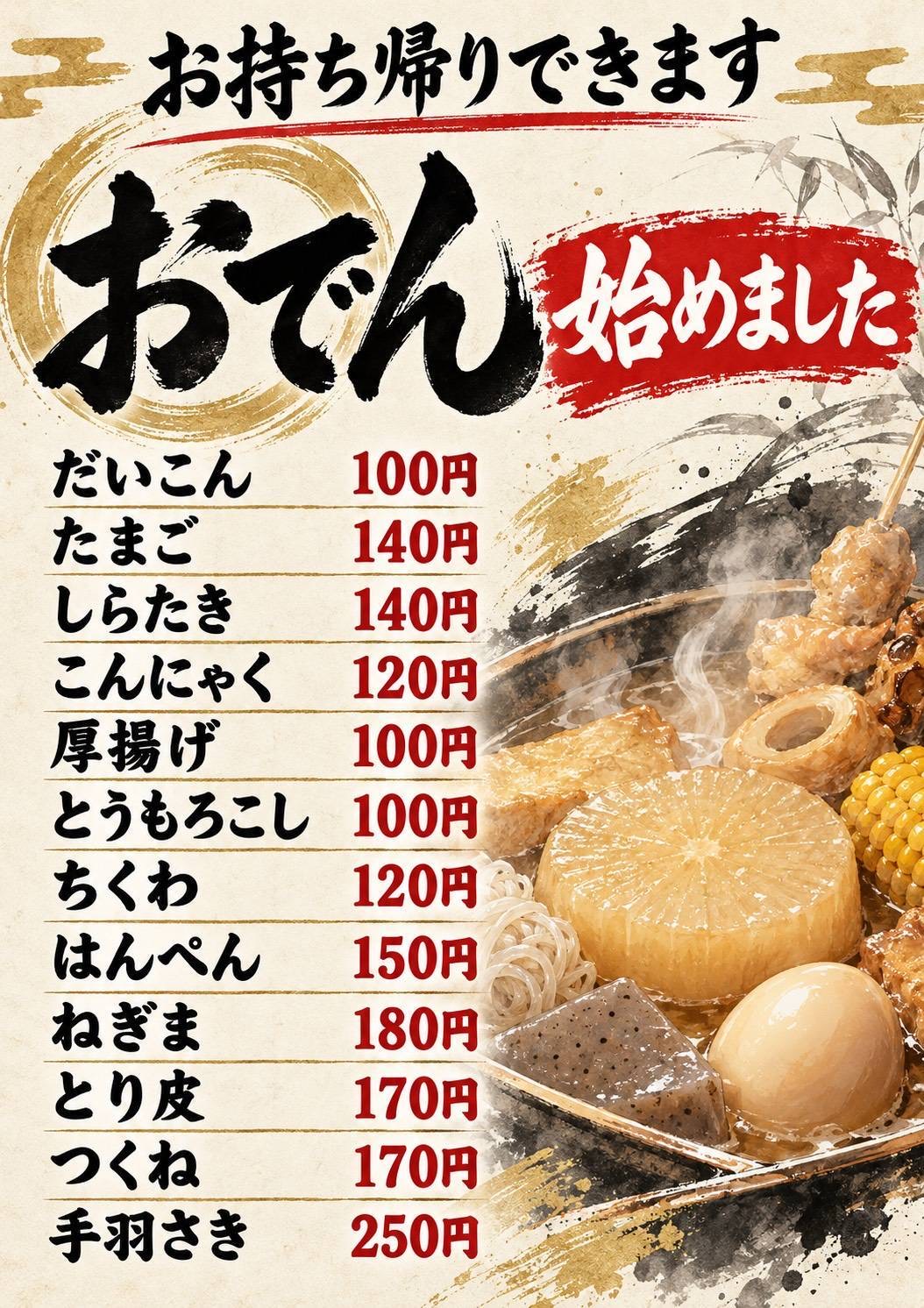 おでん始めました（お持ち帰りできます）メニュー